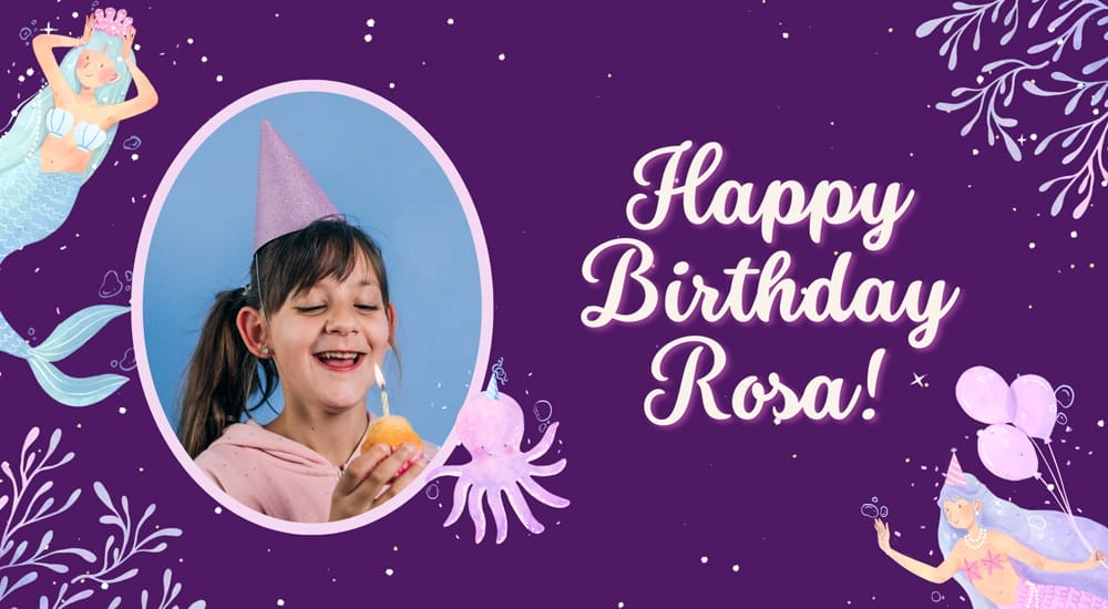 Animated birthday presentation template in Canva featuring cartoon mermaids and playful purple design.