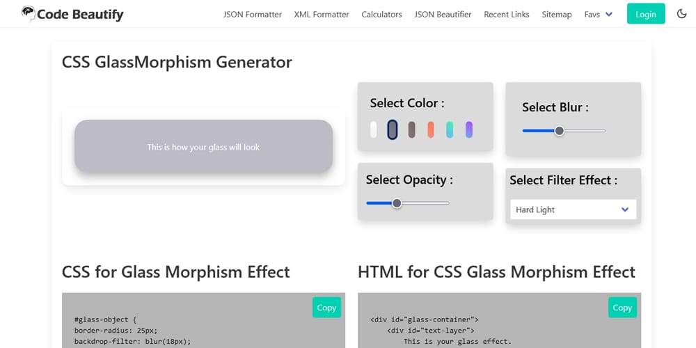 Code Beautify CSS GlassMorphism Generator