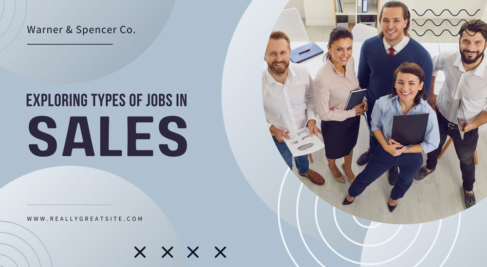 Professional Canva presentation template in cyan for exploring sales jobs, featuring team photo and clean layout.
