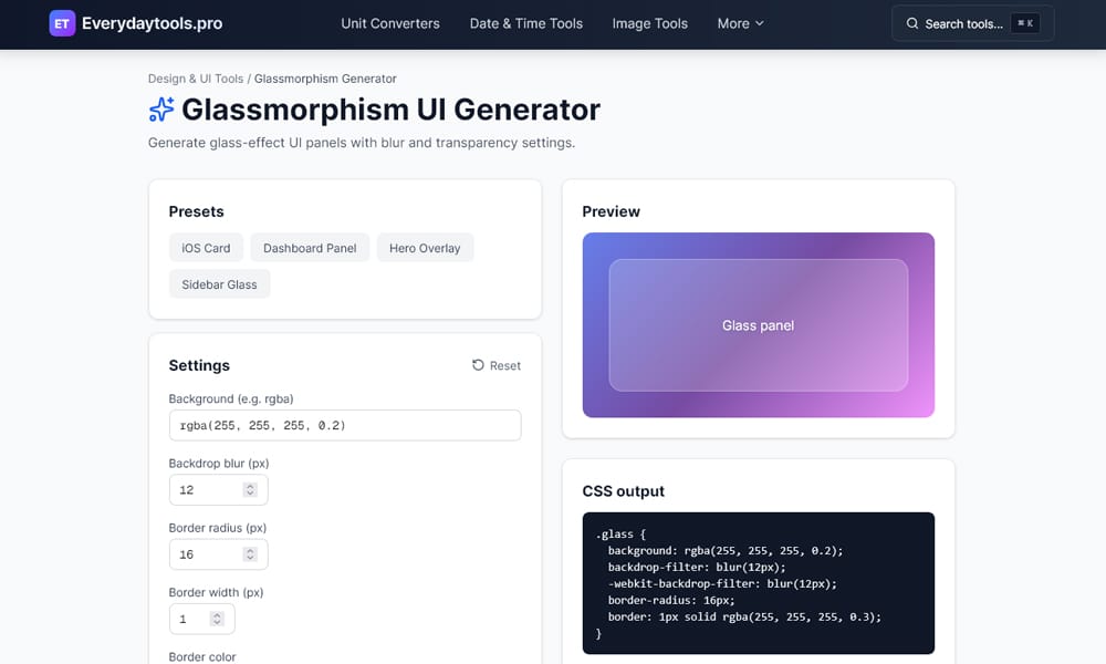 EverydayTools Glassmorphism Generator