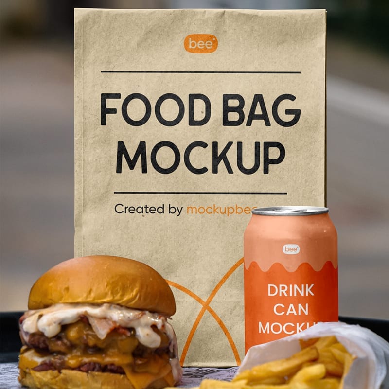 Food Bag with Soda Can Mockup PSD