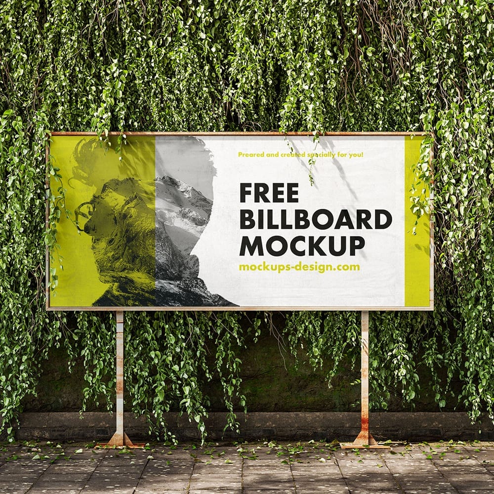 Free Billboard with Ivy Wall Mockup PSD