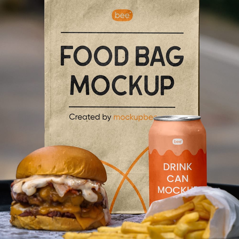 Free Food Bag with Soda Can Mockup PSD