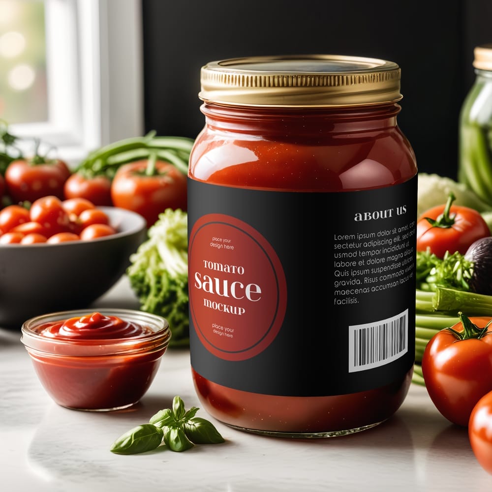 Free Glass Jar with Tomato Sauce Mockup PSD