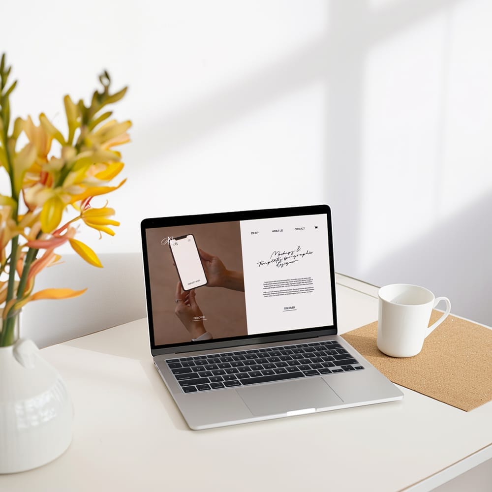 Free Laptop Mockup with Yellow FLowers PSD