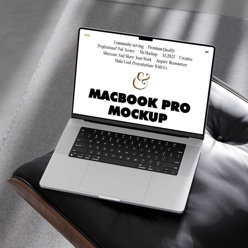 Free MacBook Pro on Chair Mockup PSD