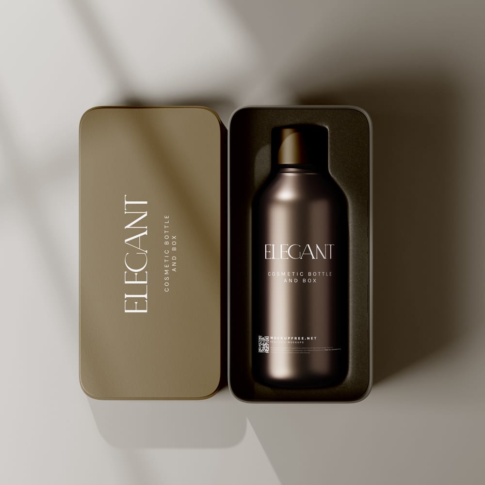 Free Metallic Box and Glass Bottle Mockups PSD