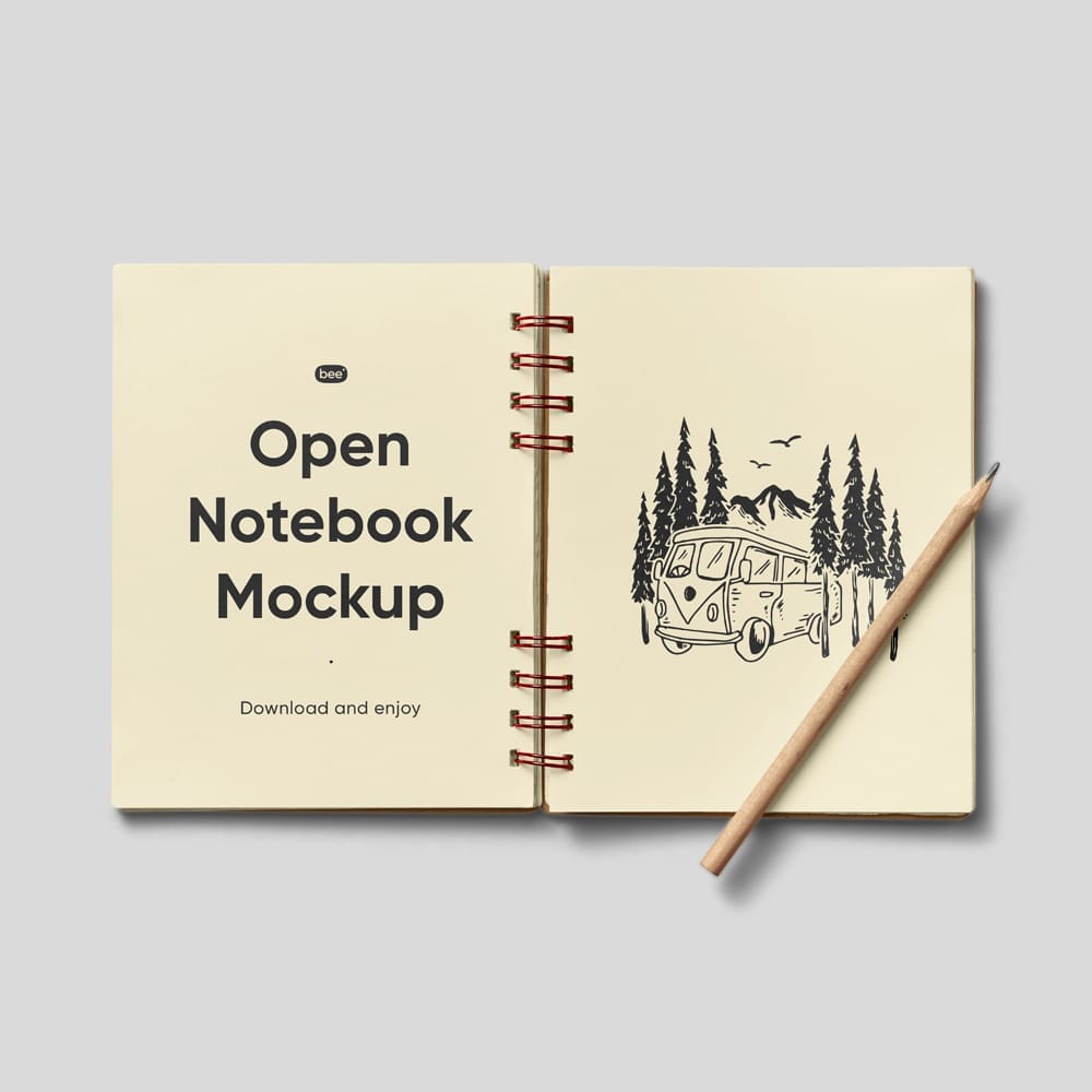Free Open Notebook with Pencil Mockup PSD