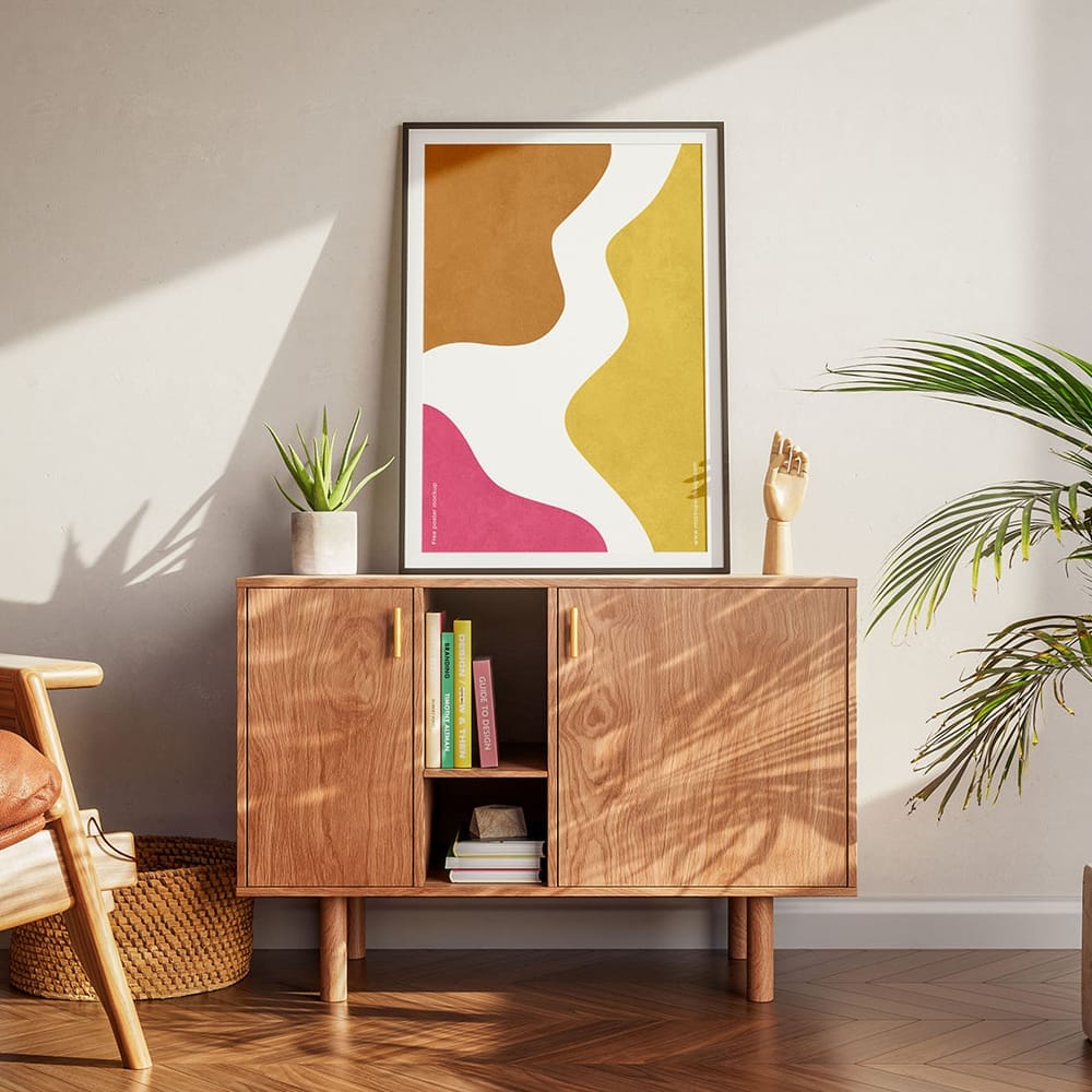 Free Poster on a Wooden Dresser Mockup PSD