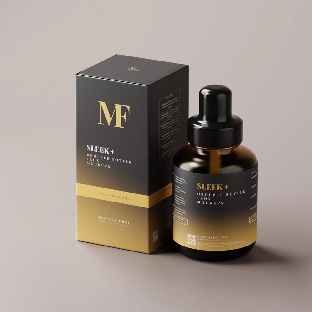 Free Sleek Cosmetic Dropper Bottle with Box Mockups PSD