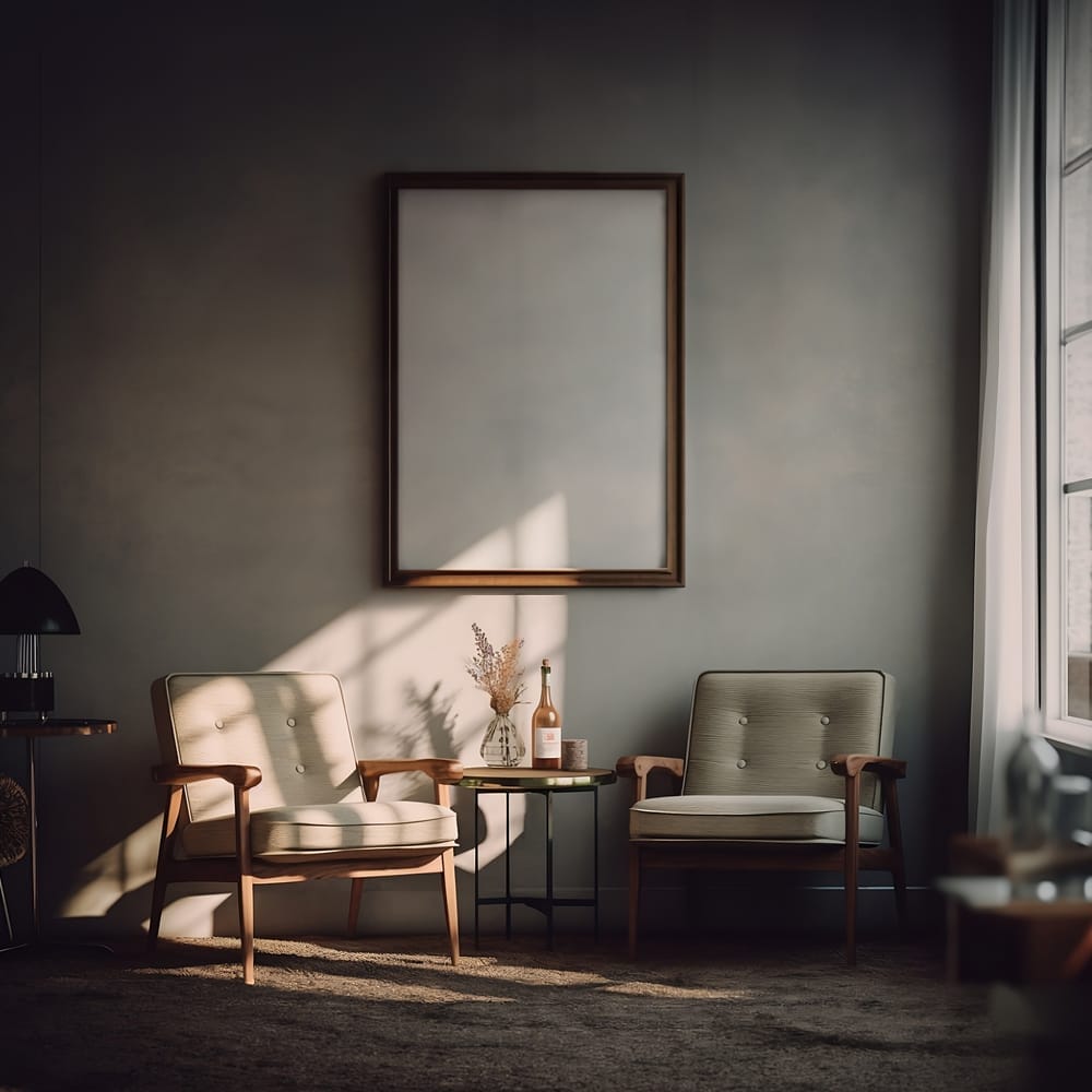 Free Vertical Frame Moody Living Room Mockup PSD