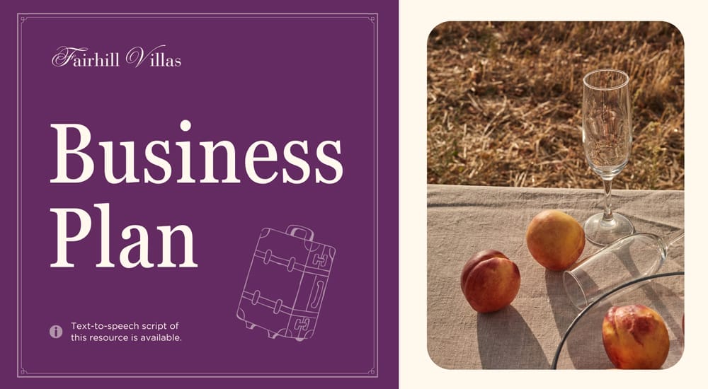 Canva presentation template specifically designed for a hotel business plan, showing relevant industry visuals.