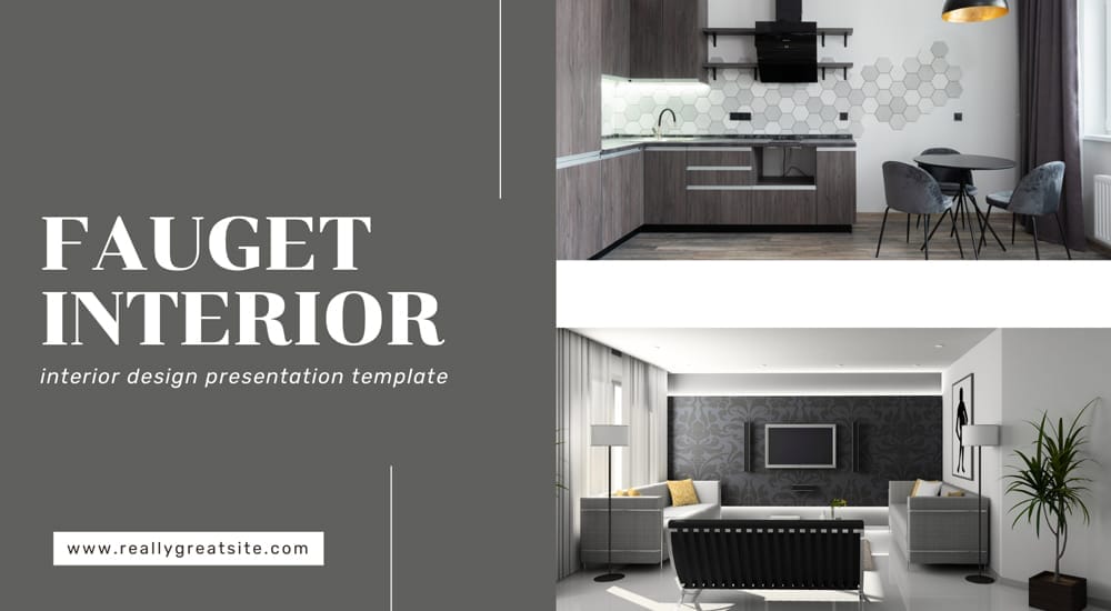 Interior design business presentation template in Canva featuring photo layouts suitable for showcasing projects or mood boards.