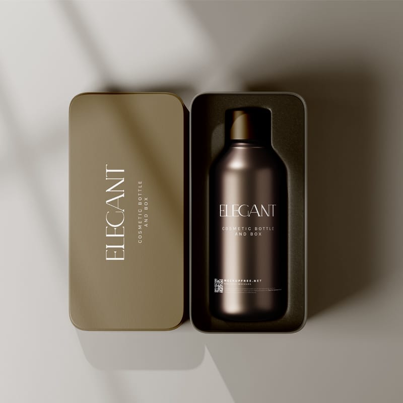 Metallic Box and Glass Bottle Mockups PSD