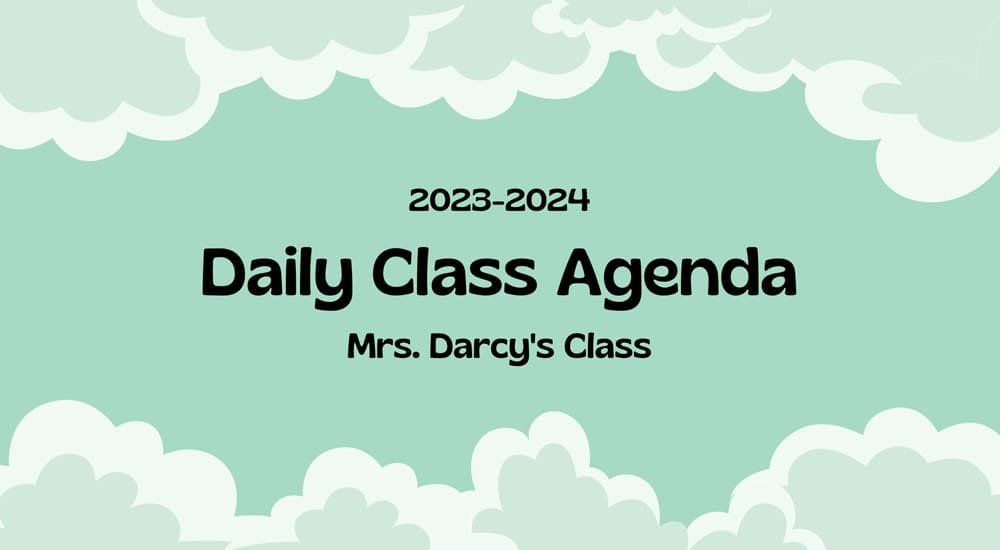 Daily class agenda template for Canva featuring multicolor cloud illustrations and simple layout.