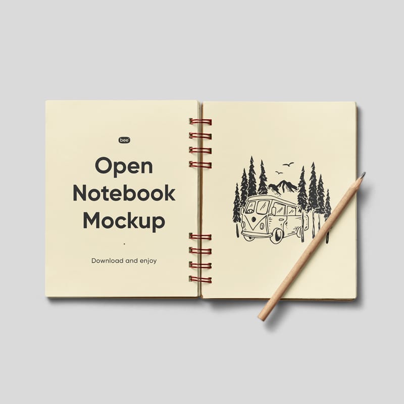 Open Notebook with Pencil Mockup PSD