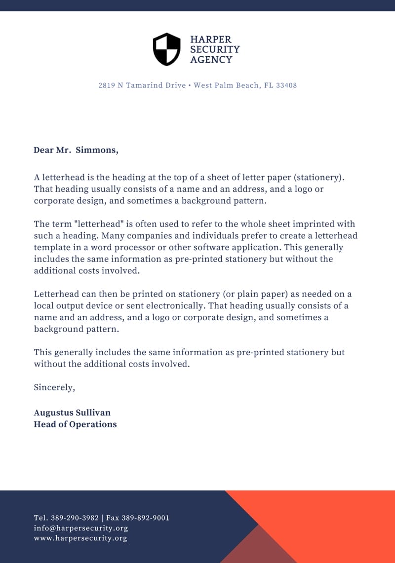 Orange and Blue Security Official Letterhead Template