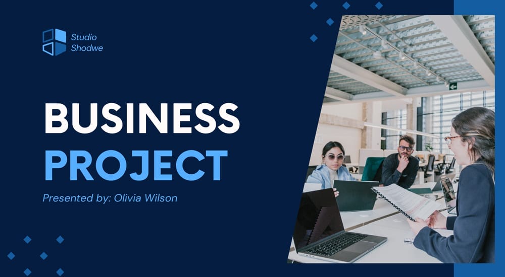 Professional Canva presentation template slide with geometric blue shapes, suitable for a business project overview.  