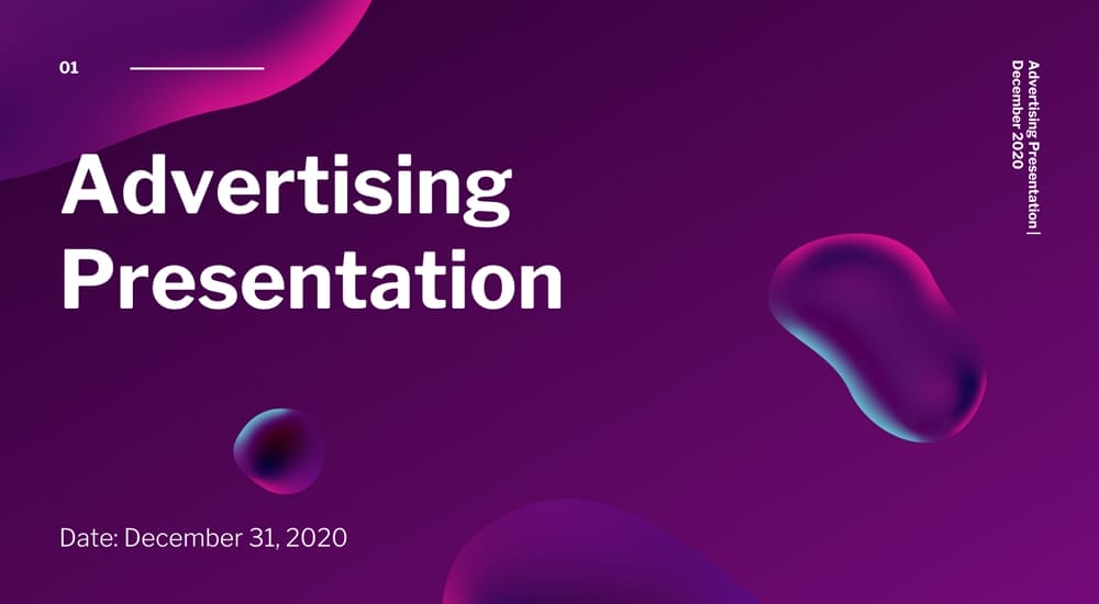 Modern advertising presentation template in Canva using purple gradient abstract shapes and bold white text.