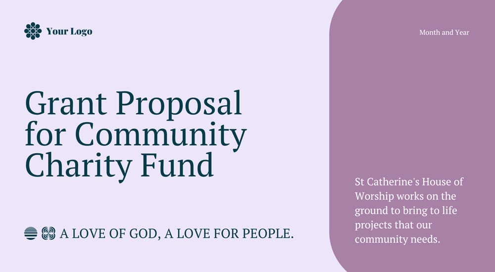 Grant proposal presentation template for Canva tailored for religious or charity organizations.