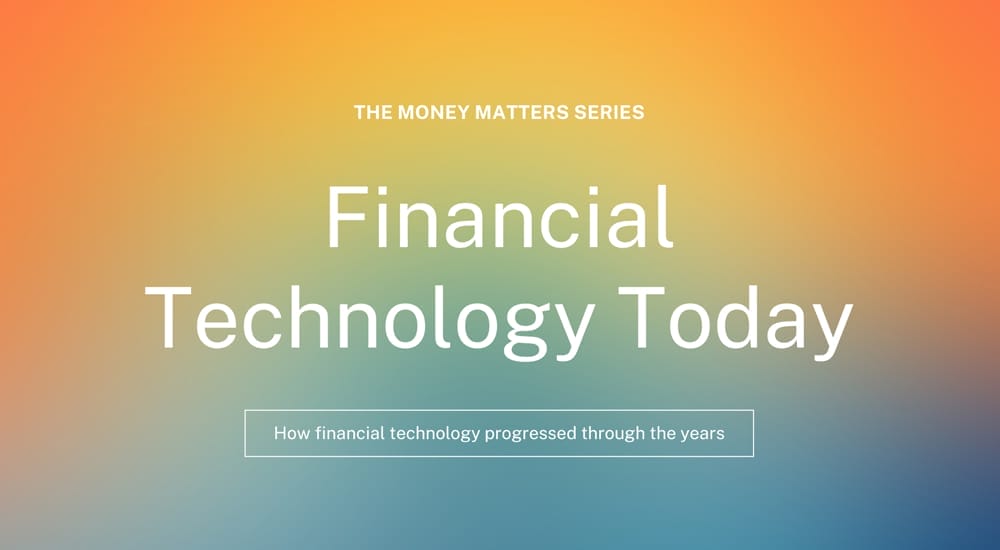 Financial technology presentation template for Canva using simple orange-to-blue gradient background.