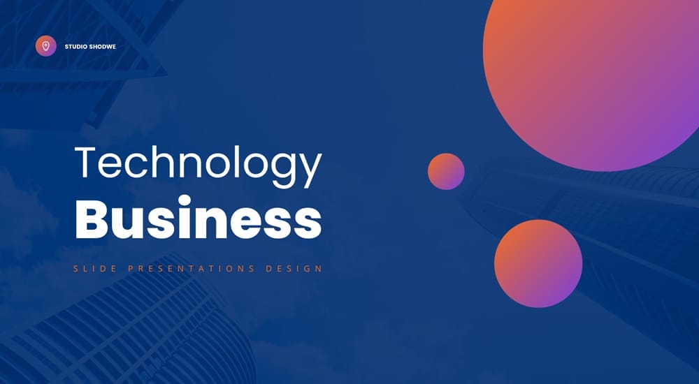 Technology business presentation template from Canva using abstract gradient circles and dark blue background.
