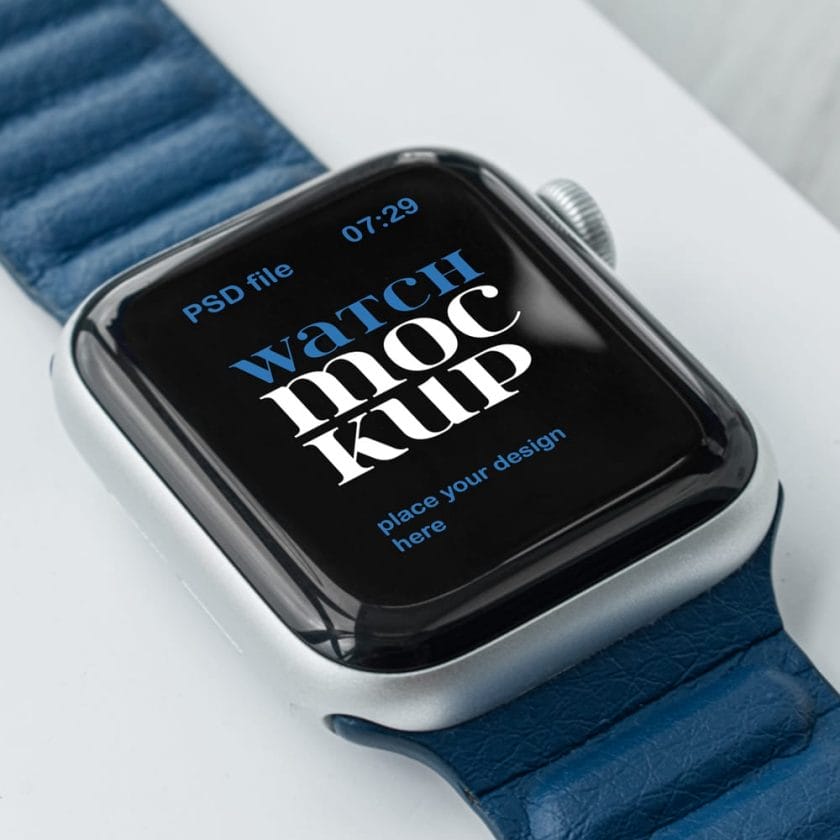 Free Apple Watch with Blue Band Mockup PSD