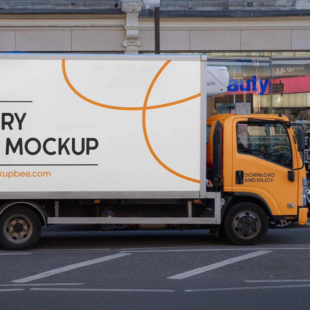 Free Delivery Cargo Truck Mockup PSD 