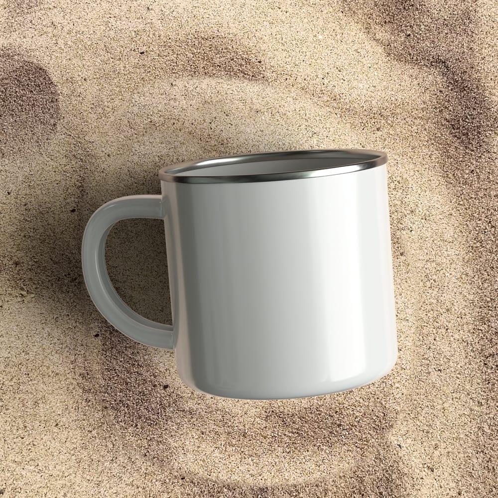 Free Enamel Mug on Sand Mockup PSD