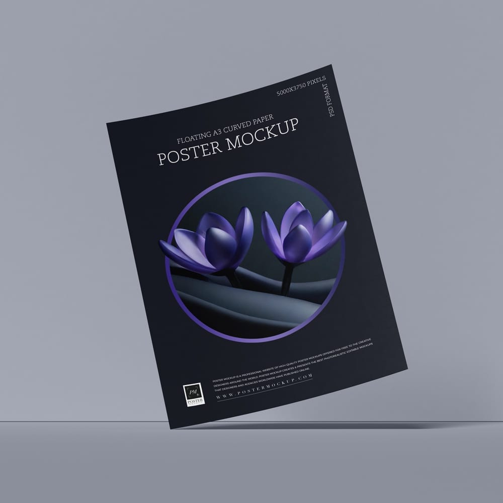 Free Floating A3 Curved Paper Poster Mockup PSD
