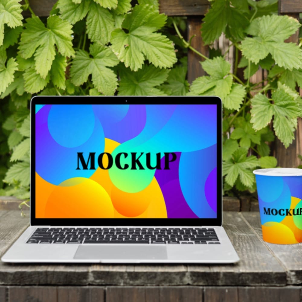 Free Laptop and Cup Mockup PSD