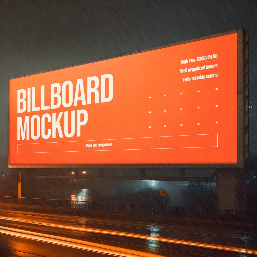 Free Night Rain Billboard Mockup PSD
