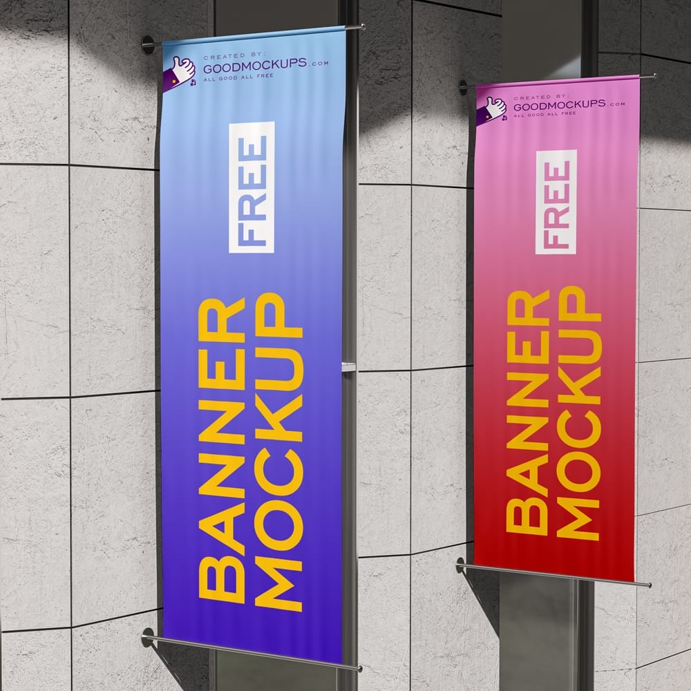 Free Outdoor Advertising Dual Vertical Banner Mockup PSD