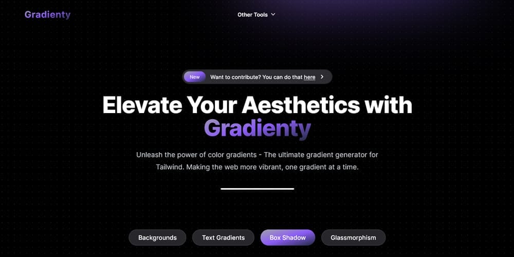 The Gradienty tool interface, which features options for backgrounds, text gradients, and box shadows with a purple and black theme.