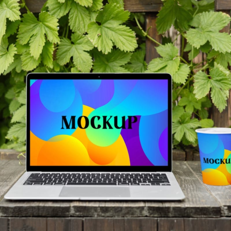 Laptop and Cup Mockup PSD