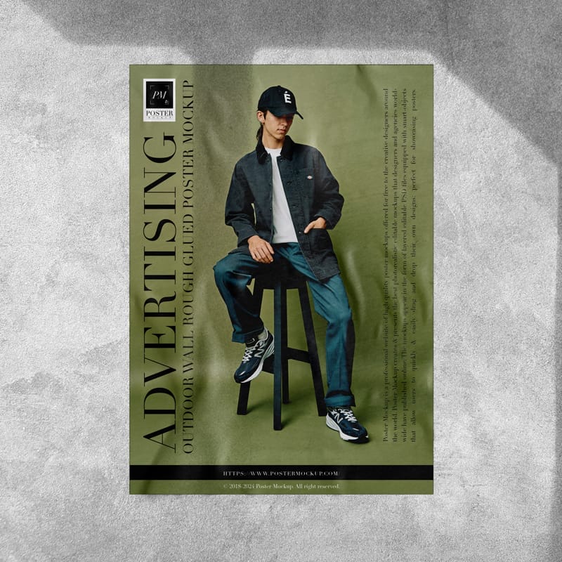 Outdoor Wall Rough Glued Poster Mockup PSD