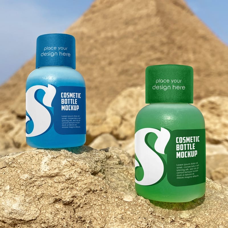 Small Cosmetic Bottle in Desert Mockup PSD