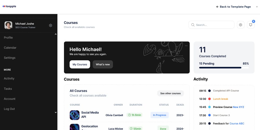 Tailwind CSS Online Courses Dashboard Template