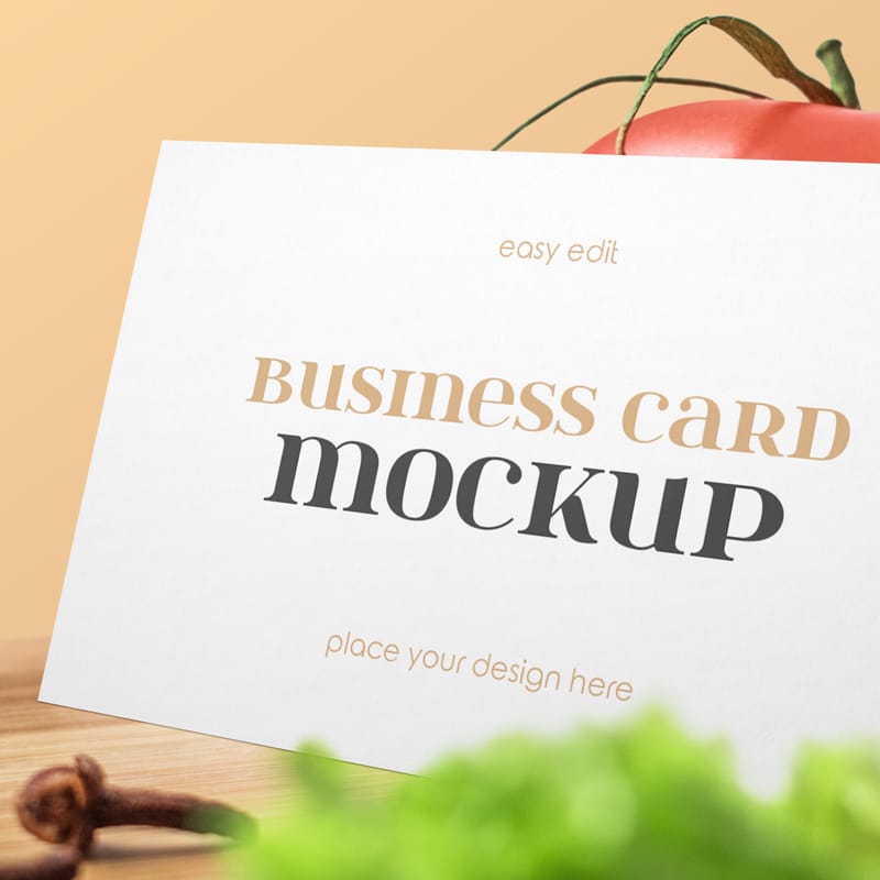 Food Business Card on Wooden Table Mockup PSD
