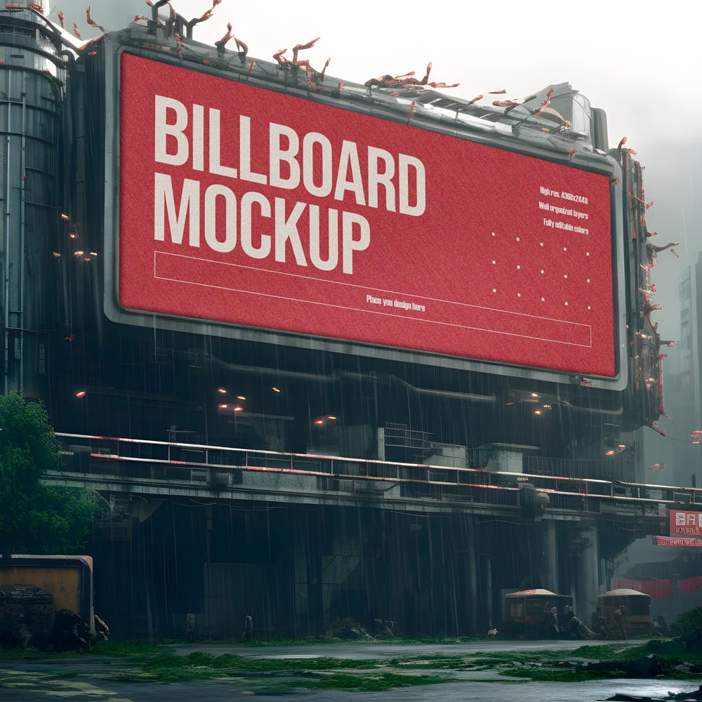 Free Billboard Mockup in an Apocalyptic Future PSD