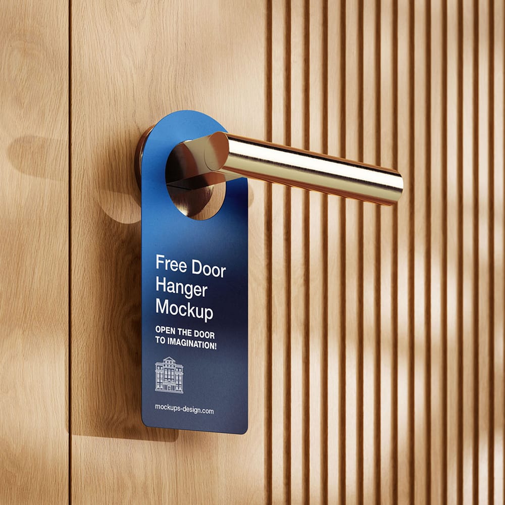 Free Door Hanger on Wooden Doors Mockup PSD