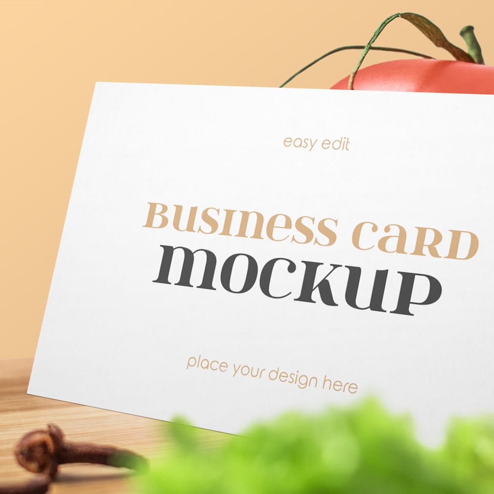 Free Food Business Card on Wooden Table Mockup PSD