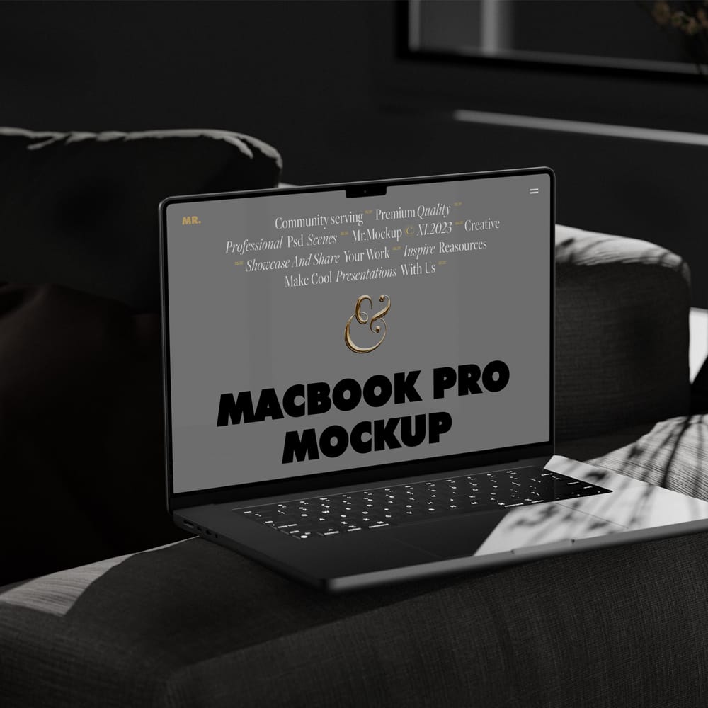 Free MacBook Pro on Settee Mockup PSD