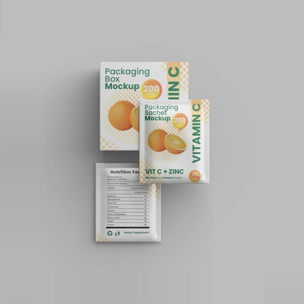 Free Packaging Box and Sachet Mockup PSD