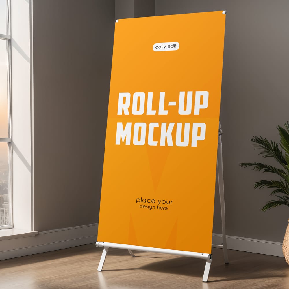 Free Roll-Up Banner in Office Mockup PSD