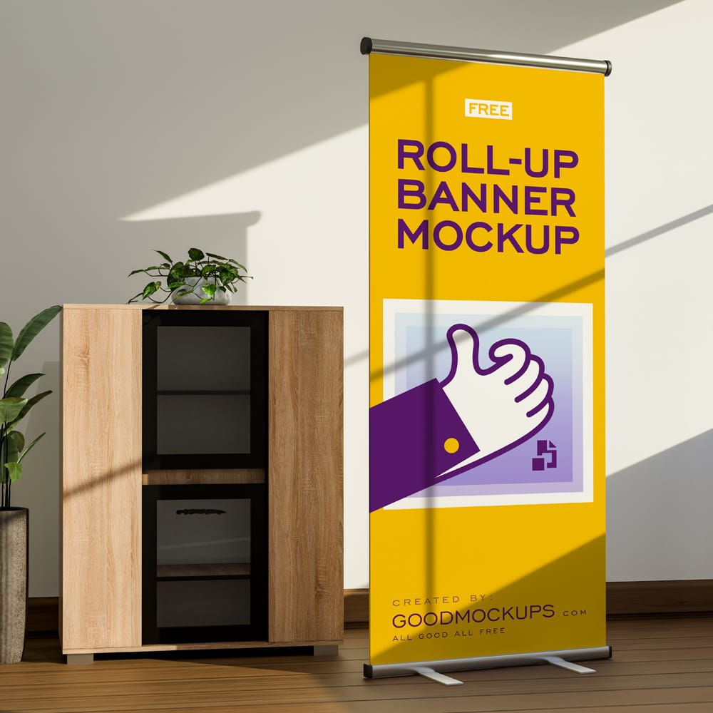 Free Shadow Overlay Roll-Up Banner Stand Mockup PSD