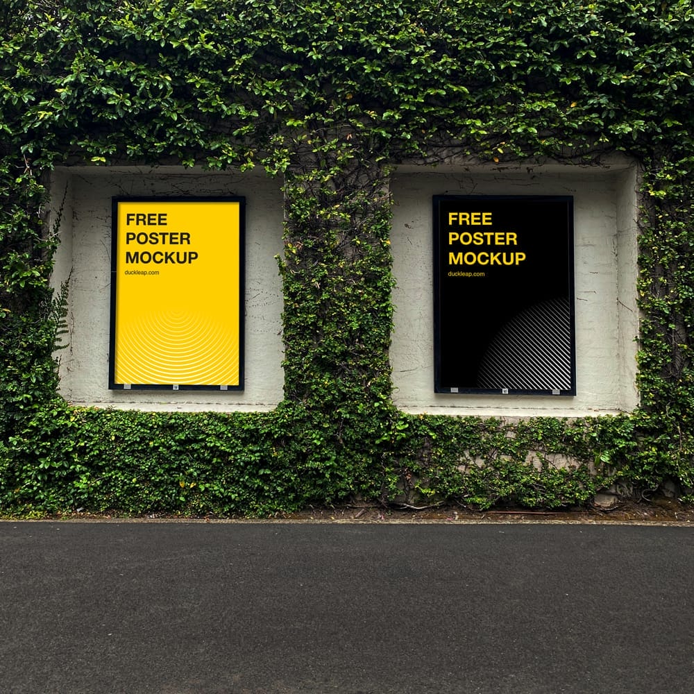 Free Street Posters on Green Wall Mockup PSD