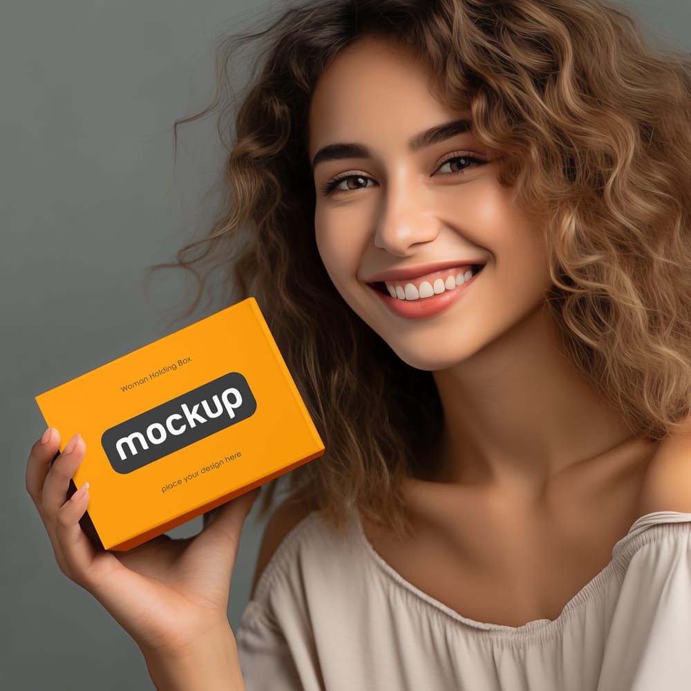 Free Woman Holding Box Mockup PSD