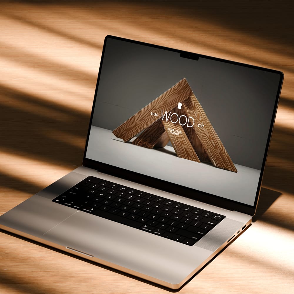 Free Wood Macbook Pro 16 Mockup PSD