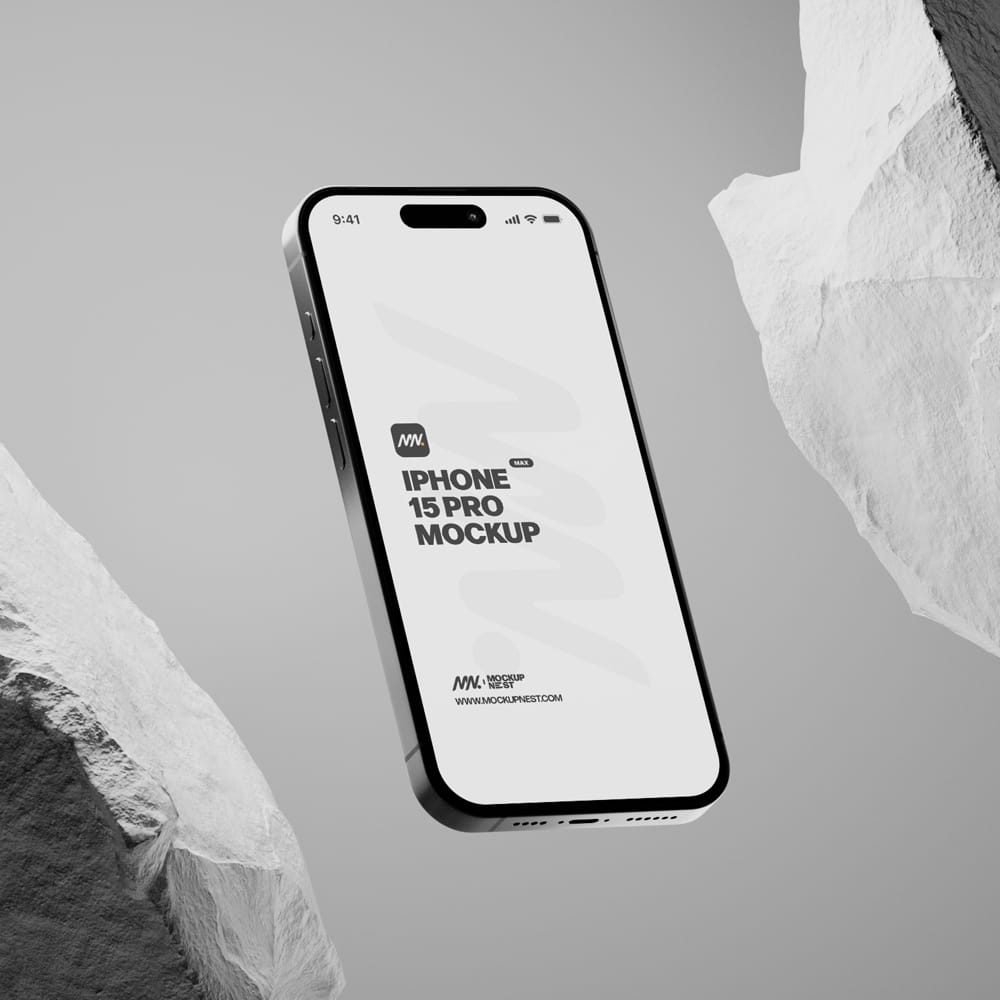 Free iPhone 15 Pro Mockup With White Rock PSD